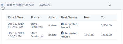 Screenshot showing Expand selected for a Team Member in the change history for a compensation plan